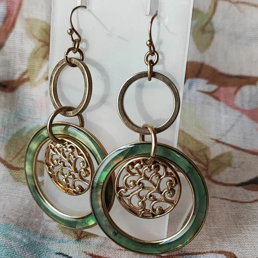 Lia Sophia Green Faux Abalone Brass Tone Pierced Earrings NOC LS Tree of Life
